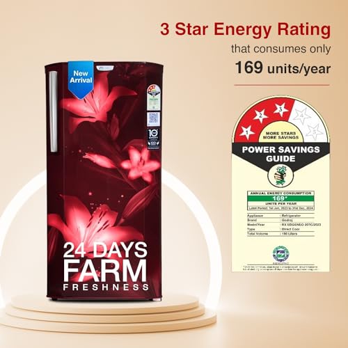 Image of Godrej 180 L 3 Star Turbo Cooling Technology, With 24 Days Farm Freshness Direct Cool Single Door Refrigerator(2023 Model, RD EDGENEO 207C THF BH WN, Blush Wine)