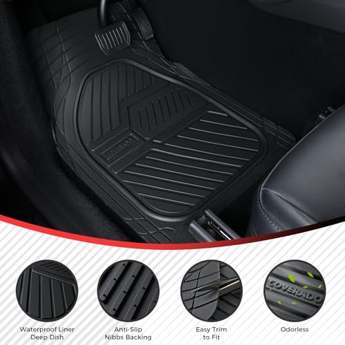 Image of Coverado Car Floor Mats All Weather Waterproof Deep Dish Anti-Slip Car Mats Full Set, Heavy Duty Rubber Floor Mats for Cars, Universal Trim to Fit Automotive Floor Mats for Cars Trucks SUV, Black