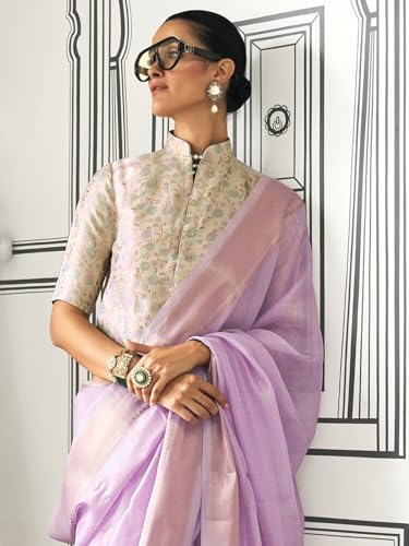 Image of MADHUHANSH Women's Cotton Linen Saree with Unstitched Blouse Piece and Solid Pattern | Mithila Painting Saree | Saree for Haldi Ceremony