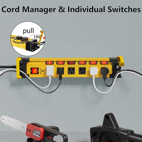 Regleta eléctrica con protector contra sobretensiones, 6 tomas, interruptores individuales, montaje metálico, enchufe plano y gestión de cable, cable de extensión de 6 pies para taller y garaje miniatura 2