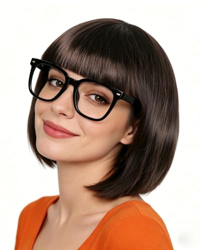 Image of ANOGOL Brown Bob Wig with Bangs Short Anime Wigs Dark Brown Wig for Women | Hair Cap+ (Glasses) Short Bob Wigs Straight Party Outfit Fun Hair Women for Halloween Costume Bachelorette Cosplay Daily