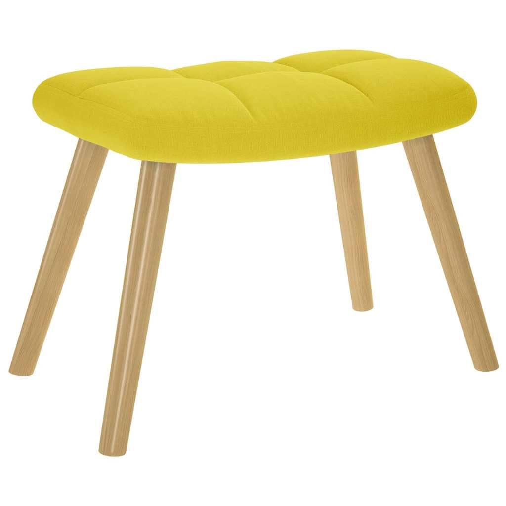 Mecedora con reposapiés de tela amarillo claro, cómodo sillón tapizado con asiento y respaldo acolchados gruesos, marco estable de madera y metal, movimiento suave de balanceo,