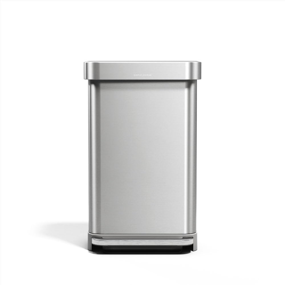 simplehuman CW2080 Cubo Rectangular con Pedal y almacén de Bolsas de Basura, Acero Inoxidable Cepillado con Tapa de plástico Gris, 45 L