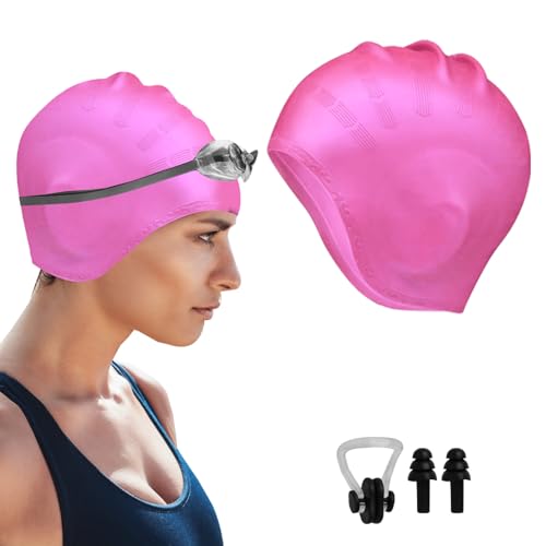 Gorro Piscina Protecion de Oido 3D Gorros Natación Silicona para Orejas Antideslizantes Gorro de Baño Impermeable con Orejeras Mantiene el Cabello Limpio para Cabello Largo y Corto (Rosa)