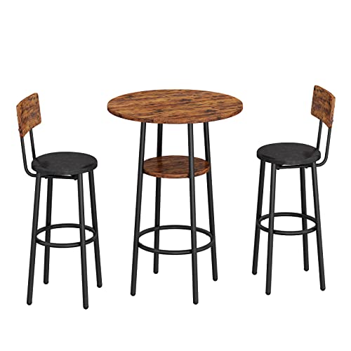 Kivenjaja 3-Piece Bar Table Set For 2, Small 2-Tier Round Bistro Pub Dining Table & Pu Upholstered Stools With Backrest, Counter Height Table And Chairs Set For Kitchen Small Space, Rustic Brown #TOP1