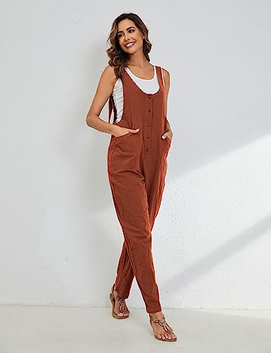 Image of Yeokou Womens Overalls Linen Cotton Jumpsuits Loose Casual Jumpers with Pockets