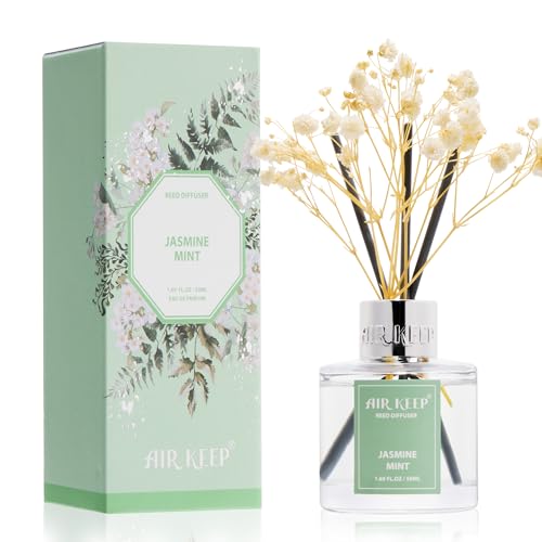 Image of Airkeep Reed Diffuser Set,1.69 fl oz (50 ml) - Jasmine Mint Oil Diffusers with 8 Reed Sticks,Home Fragrance Reed Diffuser for Bathroom Shelf Decor
