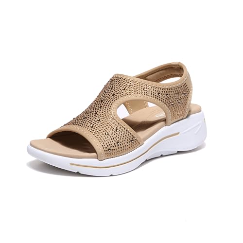 Bernal Women's Fashion Walking Sandals Comfortable Cushion Open-Toe Shoes Slip-On Platrorm Sandals with Diamonds