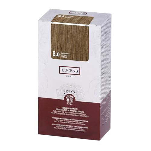 LUCENS Coloración permanente rubio claro 8.0 – Tinte de pelo con alto porcentaje de ingredientes naturales – sin amoniaco, sin fragancias, color brillante y duradero