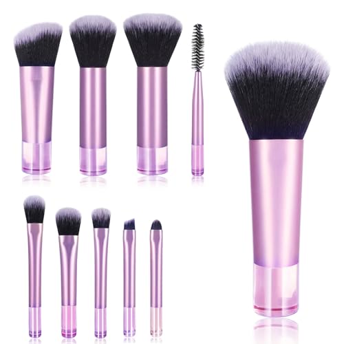 Image of GLUN 10in1 Diff Use Mini Makeup Brush Set, Travel Transparent Pink Professional Brushes for Foundation, Concealer, Blush, Highlighter & Eye Makeup