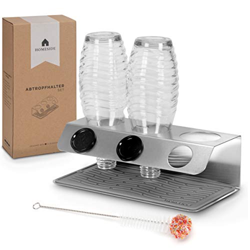 ® - SmartDry - Flaschenhalter für SodaStream im Edelstahl Slimline Design - inkl. Abtropfmatte & Flaschenbürste – Der Elegante Abtropfhalter