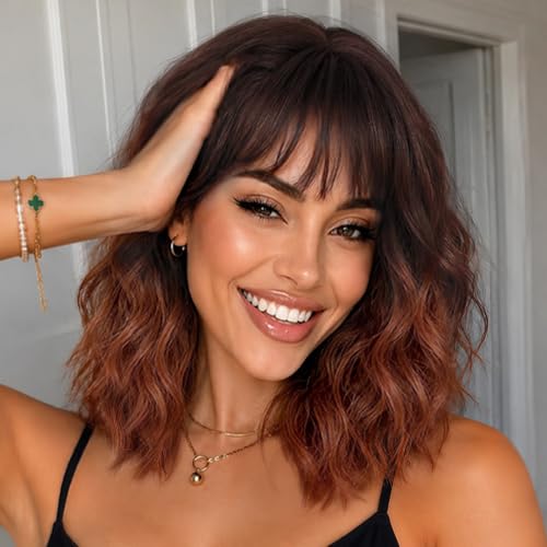 Nnzes Curly Wigs for Women,16In Ombre Auburn Short Wig with Bangs.