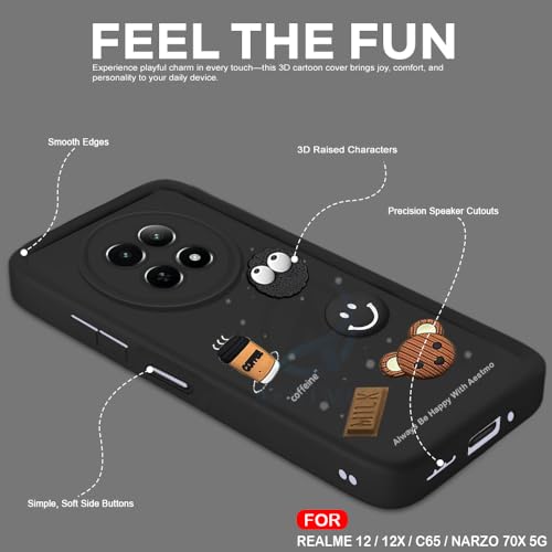 Image of AESTMO Back Case Cover for Realme 12X / 12 / C65 / Narzo 70X 5G | Cute Fun Cartoon 3D Ball | Coffee Silicone Case | Full Body Protection | Camera Protection Back Cover (Black)
