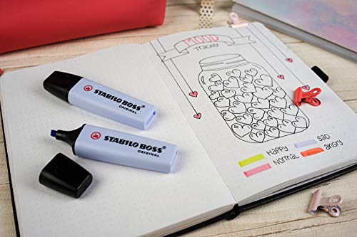 Image of STABILO BOSS ORIGINAL Pastel - Highlighter Pen - Pack of 4 - Mellow Coral Red, Cherry Blossom Pink, Cloudy Blue, Dash of Lime
