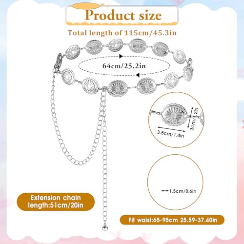 Western Belts for Women, Cowgirl Boho Concho Chain Waist Belt, Silver Adjustable Daisy Sweater Belt for Country Concert Dresses Jeans2