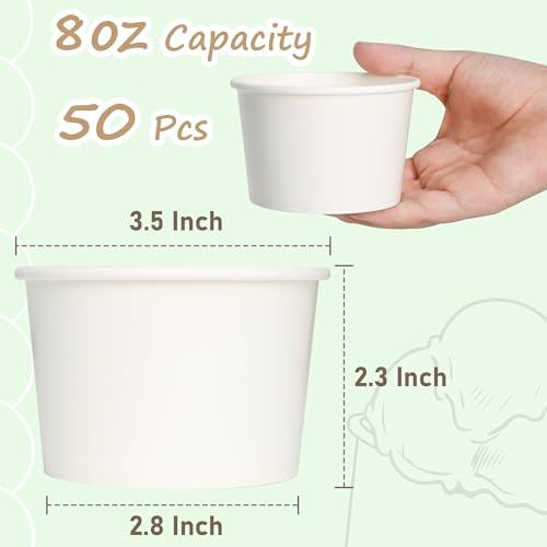 Image of ESSENTIAL Paper Ice Cream Cups, 50 Pcs 8oz Paper Snack Bowls | Disposable Dessert Bowls (No Lids) for Hot or Cold Food, Paper Snack Containers for Sundae, Frozen Yogurt, Soup (White)