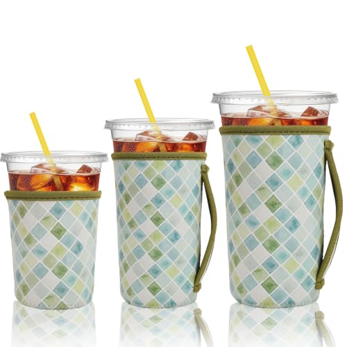 Image of KJQJLY 3 Reusable Iced Coffee Sleeves for Iced Coffee Cups or Drinks Reusable Neoprene Insulated Sleeves for Hot and Cold Drinks from Starbucks, Dunkin, And More (Green Lattice)