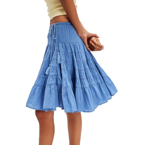 Women Boho Drawstring Tie Up Midi Skirt Ruffle Pleated Tiered Knee Length Flowy A Line Mini Short Skirts Summer