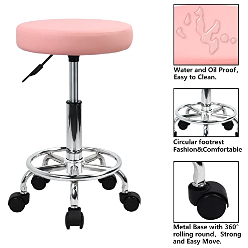 Image of KKTONER PU Leather Round Rolling Stool with Foot Rest Swivel Height Adjustment Spa Drafting Salon Tattoo Work Office Massage Stools Task Chair (Pink)
