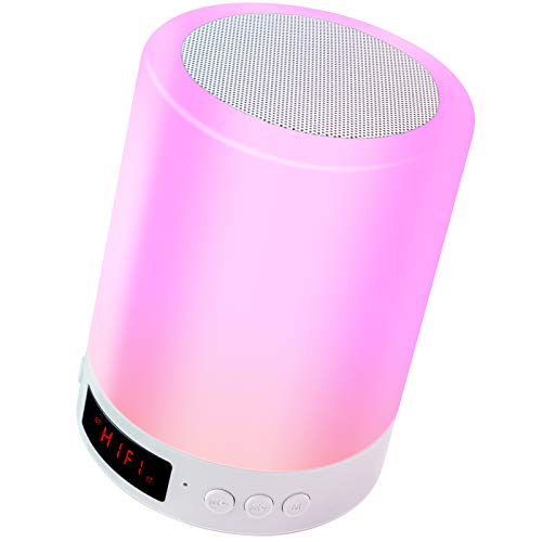 Luces Nocturnas Altavoz Bluetooth, Swonuk Lámpara de Mesa LED con Radio FM Reloj Despertador Lámpara de Noche Regulable