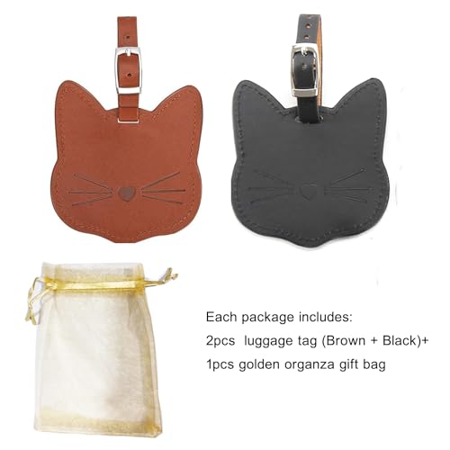 Cute Cat Shape Luggage Tags ID Label and Address Card, PU Leather Luggage Identification Tags for Travel Bag Suitcase Brown Black 2pcs2