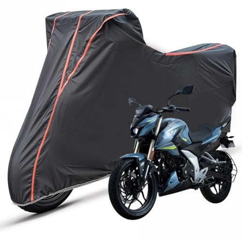Image of Two Wheelers Bike Body Cover Compatible for Bajaj Pulsar N160, UV Resistant, Dustproof, Triple Stitched, Elastic Bottom, Red Piping Motorcycle Cover (Black, Pack of 1)