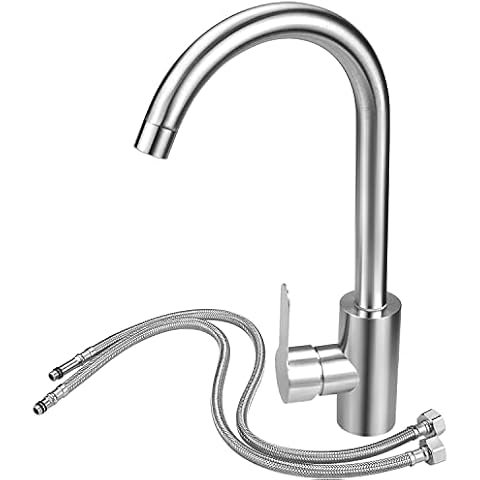 Kitchen Sink Mixer Tap with Hoses - Stainless Steel 360° Monobloc Single Lever Swivel Spout,High Arc Mono Basin Faucet,with 1/2“ Female for UK Standard Fittings Cover