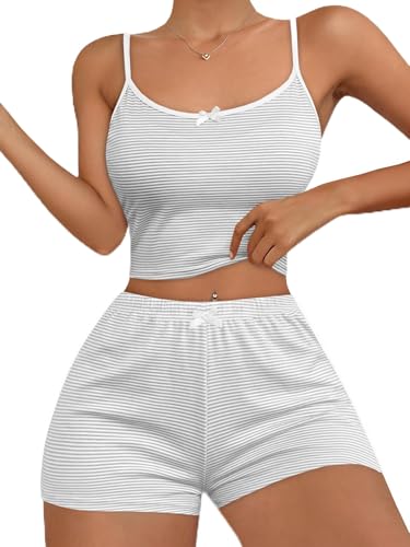 Image of Hilinker Womens Graphic 2 Piece Pajama Set Summer Cute Crop Cami and Shorts Ribbed Lounge Sets