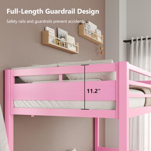 Image of iPormis Metal Bunk Bed Twin Over Twin, Heavy Duty Bunk with High Guardrail and Safety Entrance Design, Under-Bed Storage Space, Easy Assembly, Noise Free, Pink
