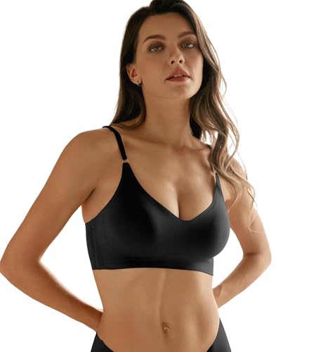 Image of DEANGELMON V Neck Bra Padded Seamless Adjustable Straps Bralettes Everyday Basic Sleeping Bras Multiple Pack