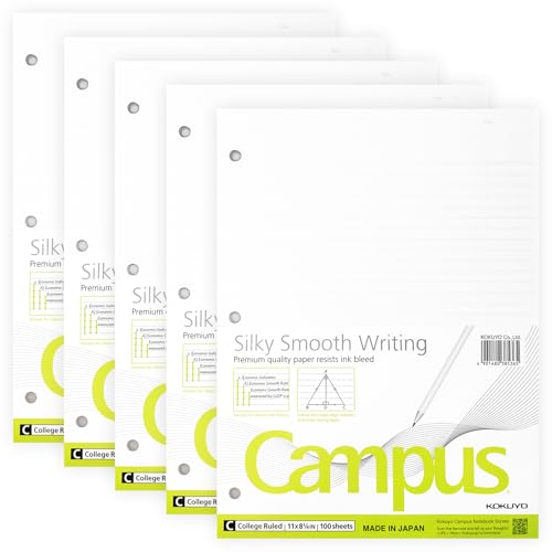 Kokuyo Campus Loose Leaf Paper for 3 Ring Binders, 11” x 8-1/4” Smooth Writing Lined Paper, 500