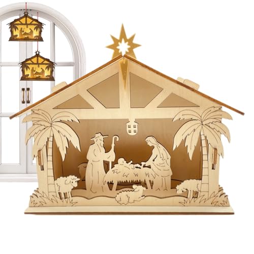 Generisch Pequeño pesebre - Decoración rústica de madera para el hogar | Decoración navideña religiosa con iluminación | para árbol de pared, chimenea, salón, jardín, terraza, iglesia