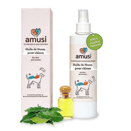 amusi Huile de Neem pour Chiens - 250 ML - Spray Répulsif - Protection 100% Naturelle - Spray Contre Les tiques, Mouches, Acariens, Poux - Répulsif pour Chiens