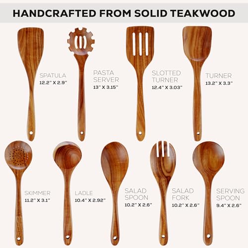Image of Zulay Kitchen 9-Piece Teak Wood Cooking Utensil Set - Non-Toxic & Non-Stick Safe Wooden Spoons & Kitchen Tools with Comfortable Grip, Smooth Finish Natural Teak - Perfect Kitchen Gift Set