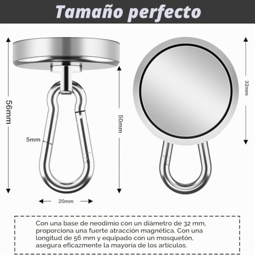 Miniatura 2 de Fhintory Gancho Iman Neodimio 30kg, 4 Piezas Gancho Iman 32mm, Gancho Magnetico Con Ganchos Imantados Giratorios 360 Para Frigoríficos, Cocinas, Garajes, Camping