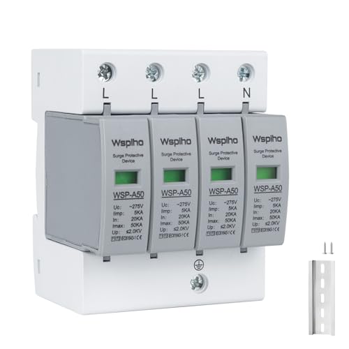 WSPIHO 4-Polig 275V Überspannungsschutz,Überspannungsableiter Typ 1+Typ 2,20-50KA Überspannungsschutzgerät für den Blitzschutz