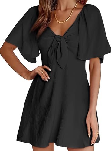 Dokotoo Damen Sommerkleid V-Ausschnitt Elegant Schleife Midikleid Leicht Musselin Kleider Strandkleid Hochzeitsgast Partykleid, schwarz, S