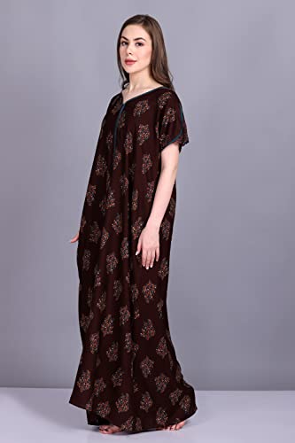 Image of Women's Alpine Botanical Leaves Print Maxi Nightgown with Pocket
