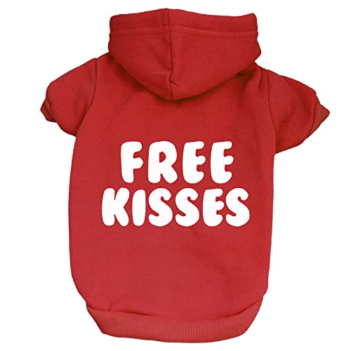 Free Kisses Valentine's Day Pullover Fleece Lined Dog Hoodie with Leash Hole (Red Hooded Sweatshirt)