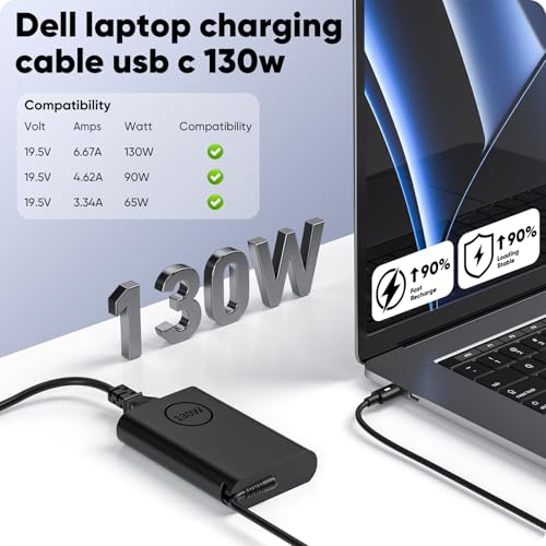 130W USB C Laptop Charger for Dell XPS 15 2in1 9575 9500 9510 9520 9530 17 9700 9710 9720 9730 Precision 5530 2in1 5550 5560 5570 5750 5760 5770 3560 3550 3551 Latitude 7410 9410 5420 5520 Power Cable