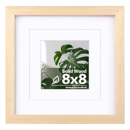 Egofine 8x8 Picture Frame, Made of Solid Wood with Plexiglass, for Tabletop and Wall Hanging Display Picture 4x4/6x6 with Mat or 8x8 Without Mat, Oak Wood