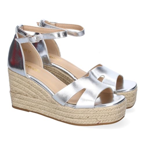 shoes&blues.es 91824 Sandalia de Cuna de Yute para Mujer, Comodo y Elegante, Diseno Moderno con Detalles en la Pala y Cierre de Hebilla, Ideales para Primavera-Verano. Plata Talla 40