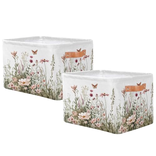 Image of Spring Wildflowers Storage Baskets for Organizing, Fabric Collapsible Storage Bins Box Plants Floral Decorative Toy Organizer Baskets for Closet Shelves Gift Basket 2Pcs