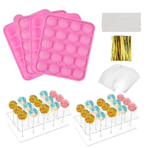 MOAMUN 304 Stück Cake Pop Maker mit 2 Cake Pop Ständer, 2 Silikon Cake Pop Form, 300 Cake Pop Stiele/Klare Beutel/Gold Twist Ties, 15 Löcher Acryl Lollipop Cakepopständer für Hochzeit Geburtstag Party