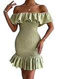 WDIRARA Women's Off Shoulder Ruffle Trim Smocked Bodycon Mermaid Party Cocktail Dress Light Green M