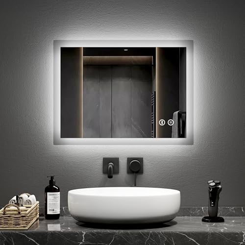 EMKE 450 X 600 mm Backlit Illuminated Bluetooth Speaker Bathroom Mirror with Shaver Socket, Wall Mounted Bathroom Vanity Mirror with LED Lights and Demister Pad, Energy-Saving LED Smart Mirror