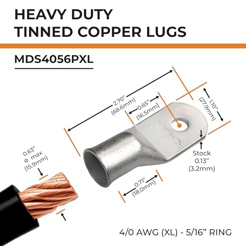 Image of SELTERM 10pcs 4 /0 AWG (XL)-5 /16 inch Stud Tinned Copper Wire Lugs, Heavy Duty Battery Cable Ends,0000 Gauge Ring Terminals, UL Battery Lugs Marine Grade Copper Eyelets Battery Terminal Connectors