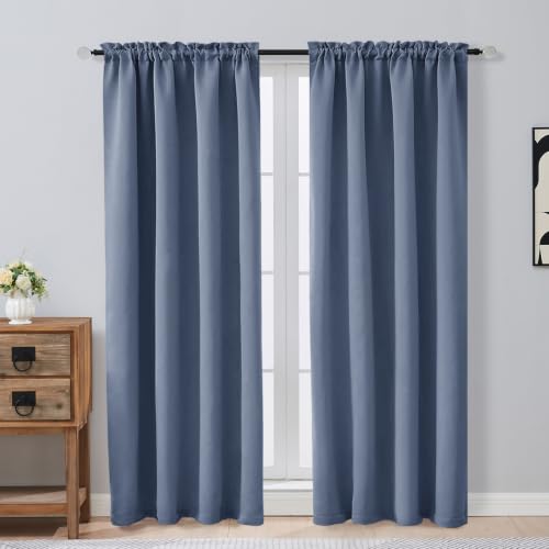 Image of Denim Blue Blackout Curtains for Bedroom 78 Inch Length 2 Panels Set, Solid Thermal Insulated Energy Saving Window Curtains for Living Room, Dual Rod Pocket Window Drapes, 2x40Wx78L Inches