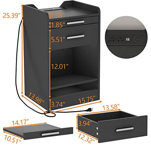 Gyfimoie Led Nightstand With Wireless Charging Station, Modern Bedroom End Side Table With Rfid Lock Cabinet And Power Outlets, Sofa Bedside Table With Hidden Compartment For Valuables Storage, Black #TOP2