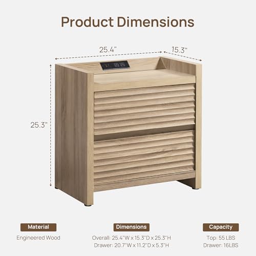Image of SICOTAS Nightstands Set of 2 - Fluted Nightstand with Charging Station - 25 inch Tall Mid Century Modern Night Stands with 2 Drawers, Large Bedside Table for Bedroom, Sofa Side